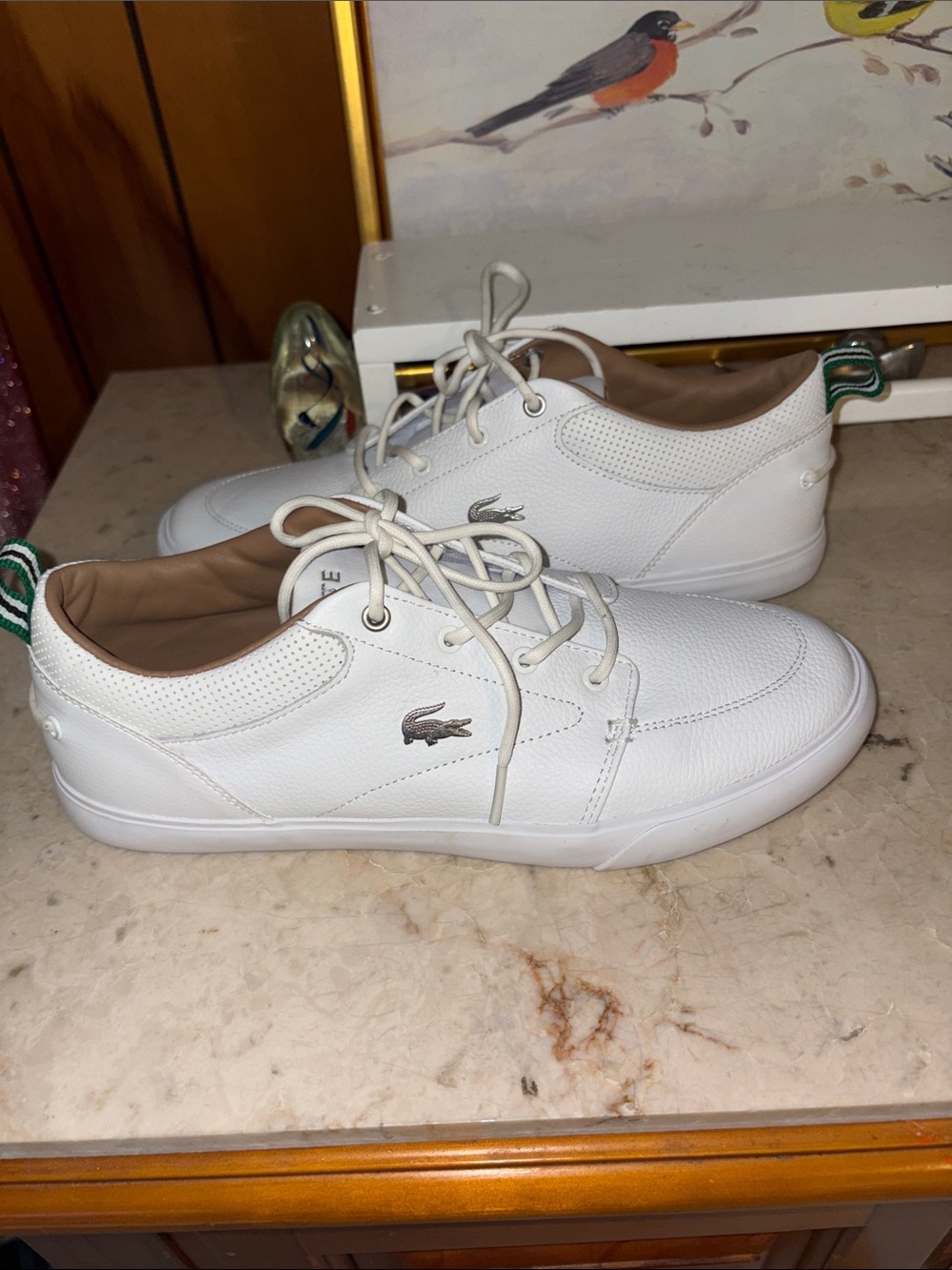 Lacoste Men's White Low-Top Leather Sneakers with Green Heel Tabs - Picture 2 of 6